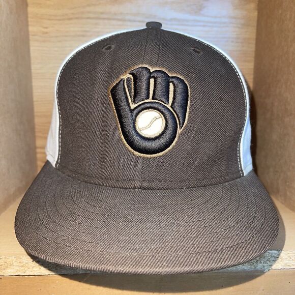 MIlwaukee Brewers New Era Fitted Hat Mens Size 7 5/8 Brown MLB Baseball Cap Rare - Picture 2 of 14